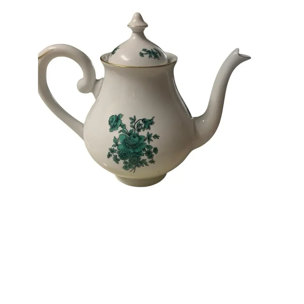 Mottahedeh Vista Alegre Porcelain 9 Inch Green Rose Floral Tea Pot Made In Portu